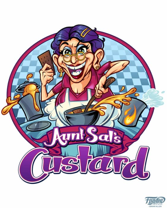 I illustrated this logo design for a desert brand in Australia called Aunt Sal’s Custard. We thought it would be fun to create a character for the brand that would personify it moving forward. The client wanted a chaotic, fun, and colorful cartoon charac