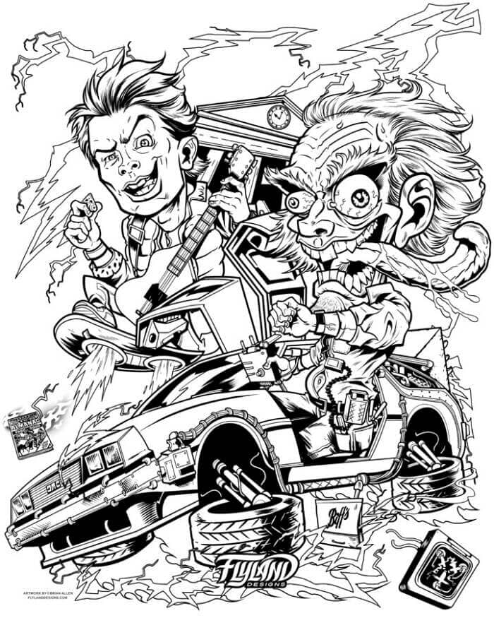 Back to the Future Caricature Tribute drawn by Brian Allen of Doc and Marty flying in a DeLorean by the Clock Tower as it gets struck by lightning