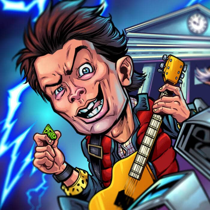Back to the Future Caricature Tribute drawn by Brian Allen of Doc and Marty flying in a DeLorean by the Clock Tower as it gets struck by lightning