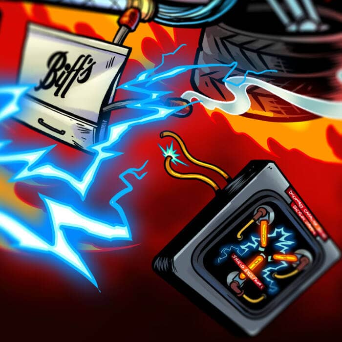 Back to the Future Caricature Tribute drawn by Brian Allen of Doc and Marty flying in a DeLorean by the Clock Tower as it gets struck by lightning