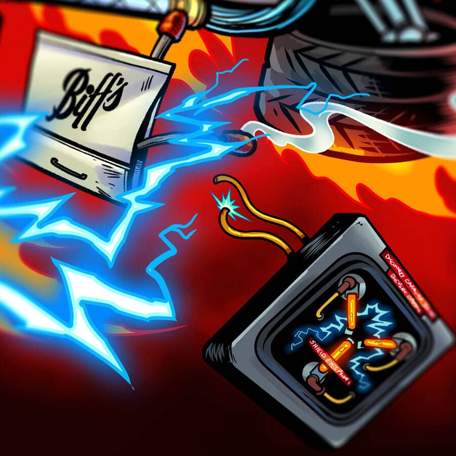 Back to the Future Caricature Tribute drawn by Brian Allen of Doc and Marty flying in a DeLorean by the Clock Tower as it gets struck by lightning