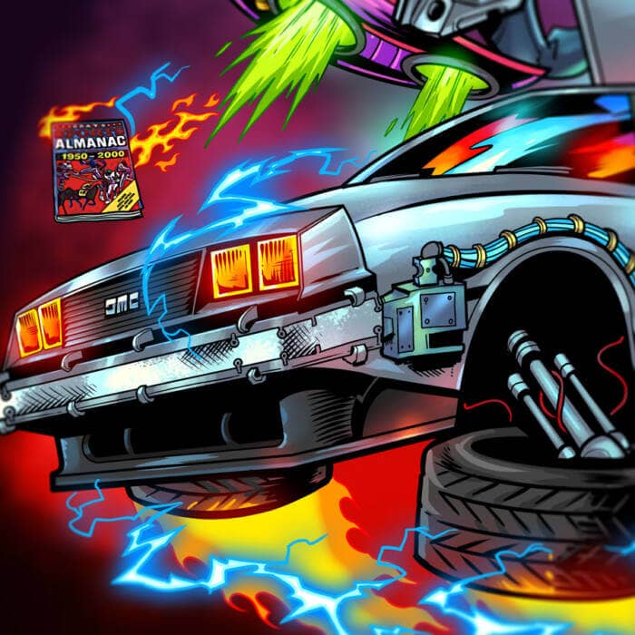 Back to the Future Caricature Tribute drawn by Brian Allen of Doc and Marty flying in a DeLorean by the Clock Tower as it gets struck by lightning