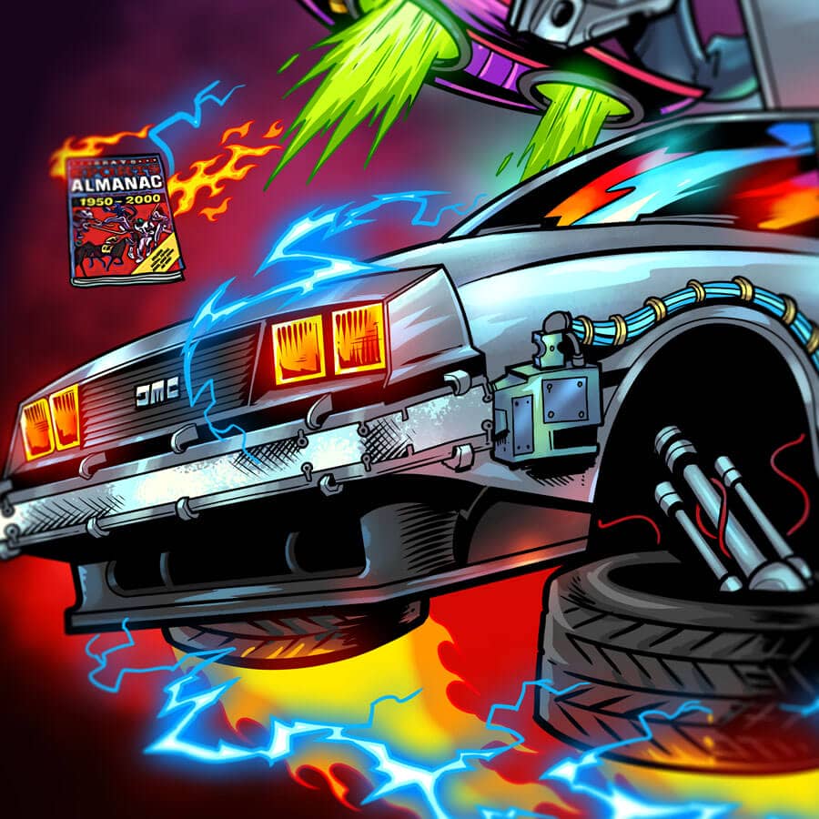 Back to the Future Caricature Tribute drawn by Brian Allen of Doc and Marty flying in a DeLorean by the Clock Tower as it gets struck by lightning