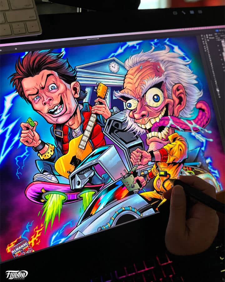 Back to the Future Caricature Tribute drawn by Brian Allen of Doc and Marty flying in a DeLorean by the Clock Tower as it gets struck by lightning