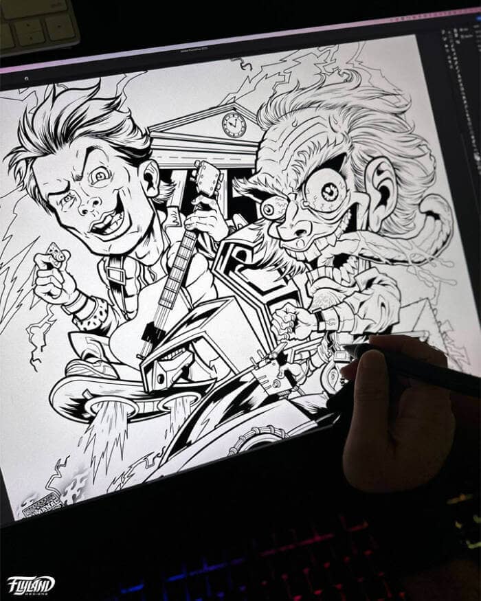 Back to the Future Caricature Tribute drawn by Brian Allen of Doc and Marty flying in a DeLorean by the Clock Tower as it gets struck by lightning
