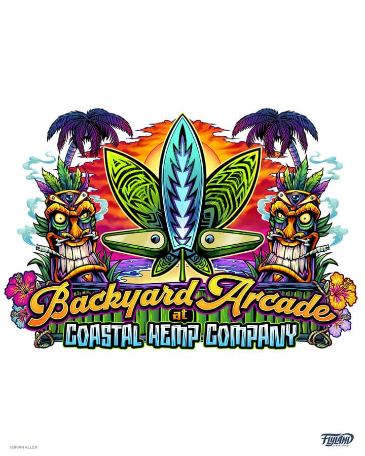 A logo illustration of tiki characters with a marijuana leaf made of pinball flippers and surfboard for Backyard Arcade at Coastal Hemp Company, drawn by artist Brian Allen