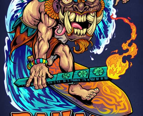 This T-shirt design that I created for Bali Rocks is of a Tiki guy surfing. The Character is based of “Barong” Bali’s Traditional figure.