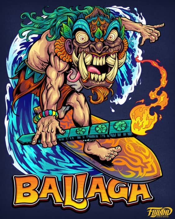 This T-shirt design that I created for Bali Rocks is of a Tiki guy surfing. The Character is based of “Barong” Bali’s Traditional figure.