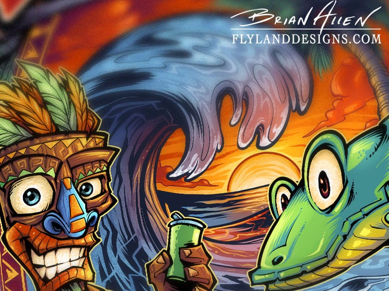 Tropical beach illustration of a tiki man and iguana on a beach