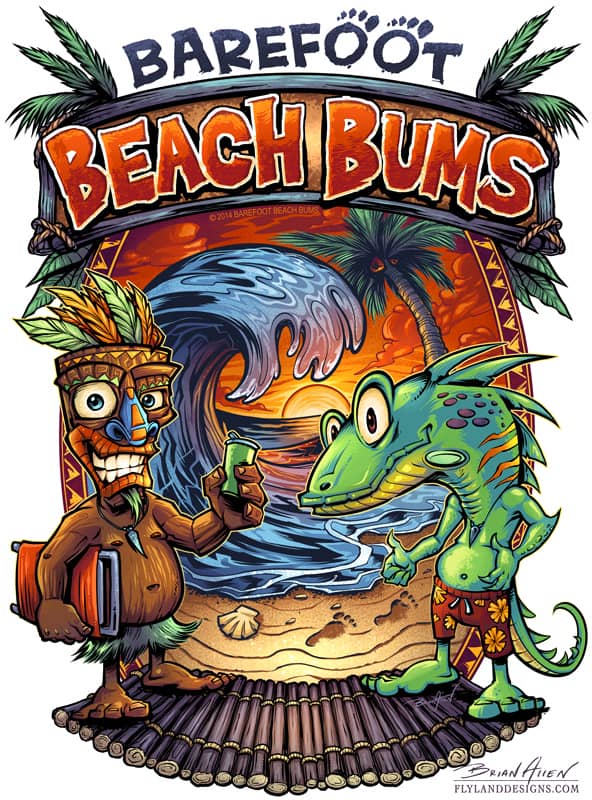 Tropical beach illustration of a tiki man and iguana on a beach