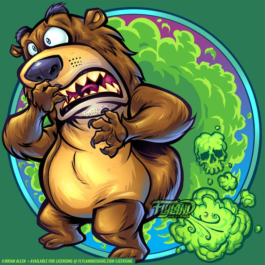 Cartoon illustration of a farting bear