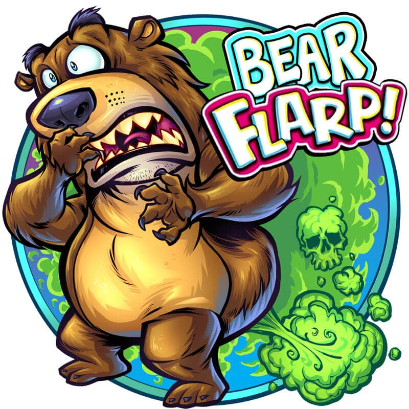 Noise putty label design of a cartoon brown bear farting, drawn by artist Brian Allen
