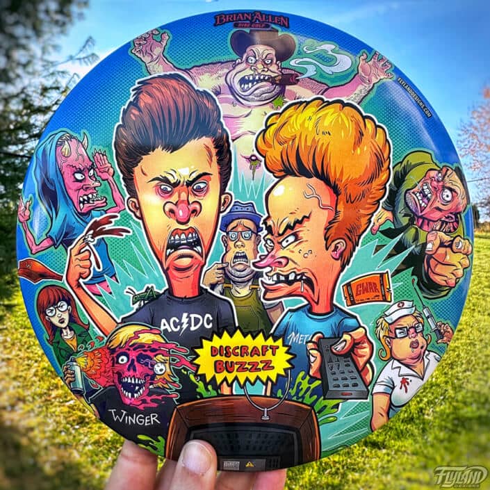 Beavis and Butthead illustration of many characters from the tv show on a Disc Golf Disc created by Brian Allen