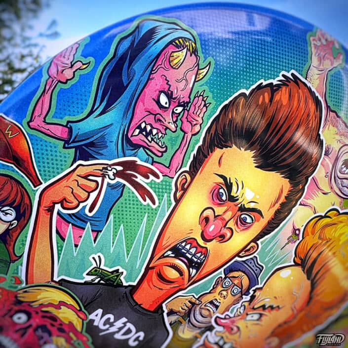 Beavis and Butthead illustration of many characters from the tv show on a Disc Golf Disc created by Brian Allen