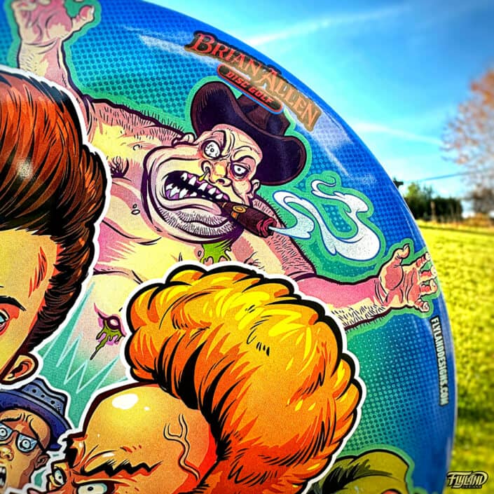 Beavis and Butthead illustration of many characters from the tv show on a Disc Golf Disc created by Brian Allen