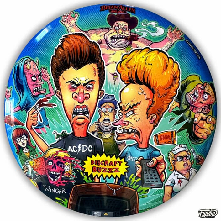 Beavis and Butthead illustration of many characters from the tv show on a Disc Golf Disc created by Brian Allen