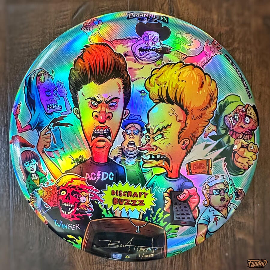 Beavis and Butthead illustration of many characters from the tv show on a Disc Golf Disc created by Brian Allen