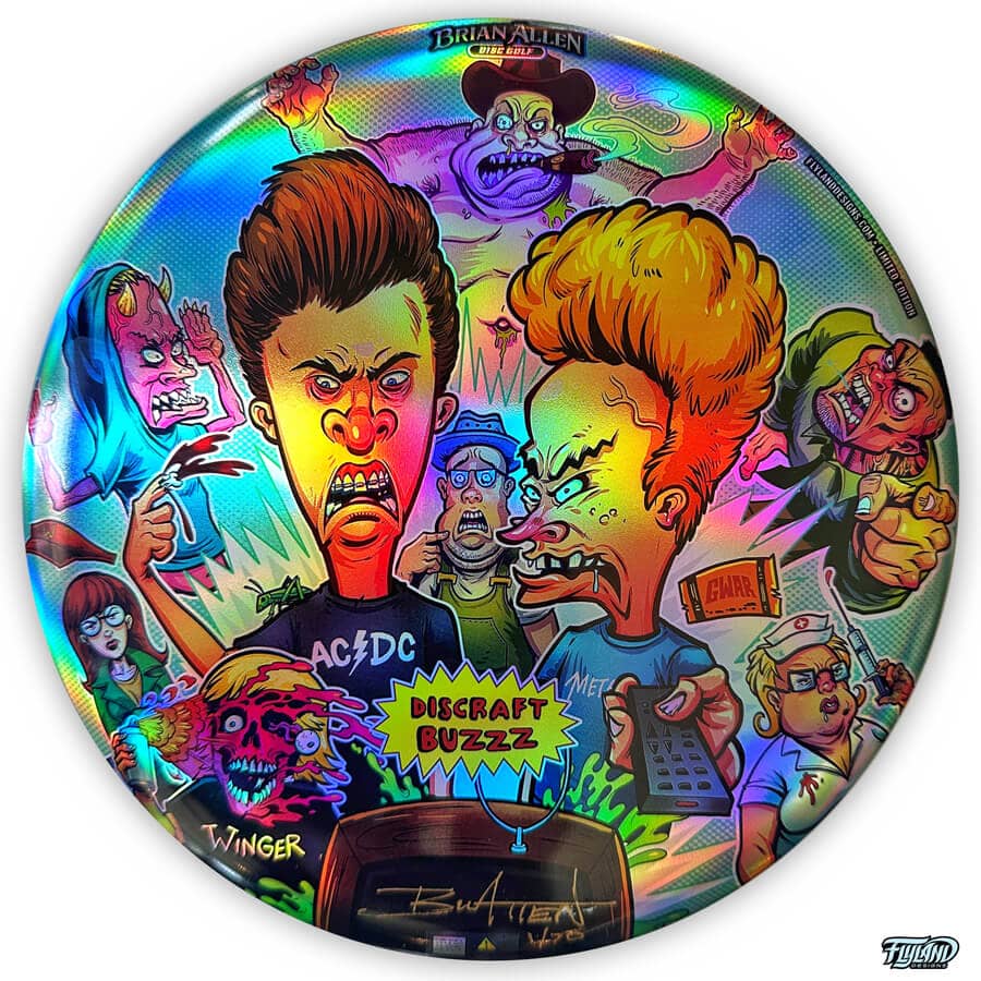 Beavis and Butthead illustration of many characters from the tv show on a Disc Golf Disc created by Brian Allen