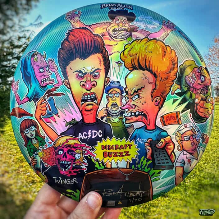 Beavis and Butthead illustration of many characters from the tv show on a Disc Golf Disc created by Brian Allen