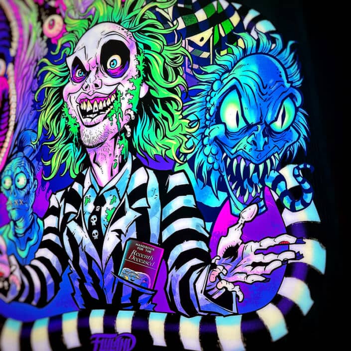 My Custom Illustration of  Beetlejuice and all the favorite characters from the movie are  light up as a tanslite when put in an LED Voodoo Frame.