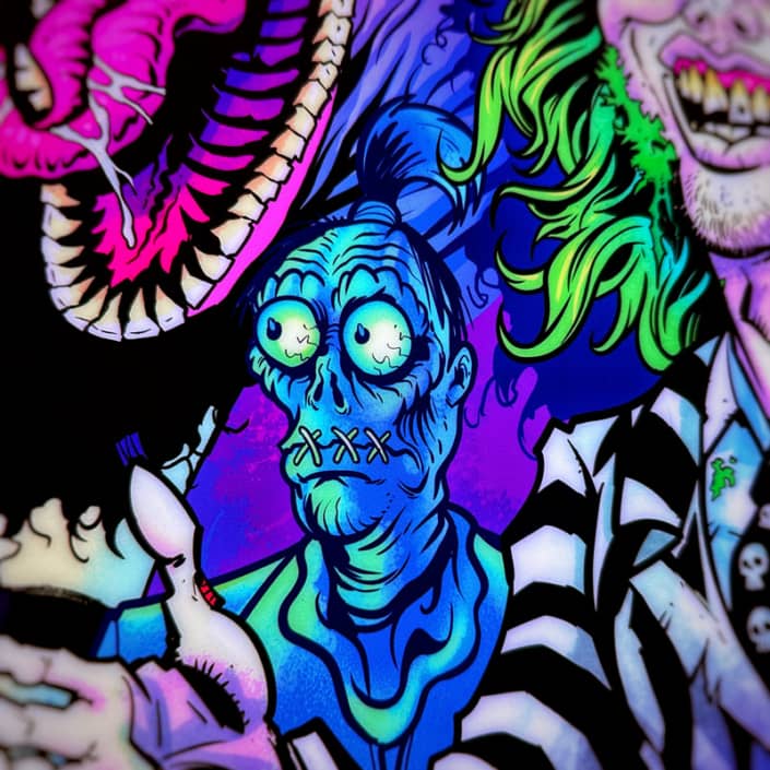 My Custom Illustration of  Beetlejuice and all the favorite characters from the movie are  light up as a tanslite when put in an LED Voodoo Frame.