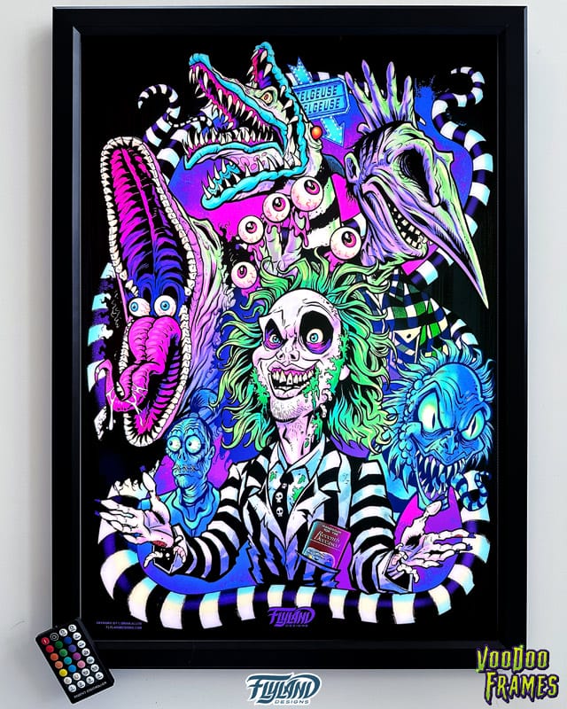 My Custom Illustration of  Beetlejuice and all the favorite characters from the movie are  light up as a tanslite when put in an LED Voodoo Frame.