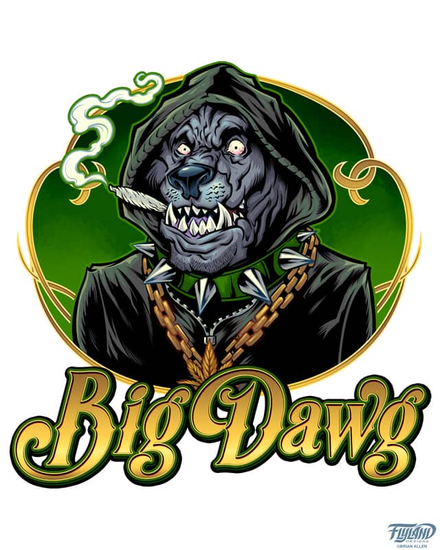 Angry, joint-smoking pitbull in a hoodie I illustrated for Big Dawg, a brand of cannabis on the West Coast. Jeremy asked me to create something cartoonish but creepy and tough. We gave him bloodshot eyes and a big gold pot leaf chain because subtly is not