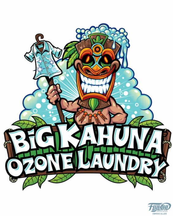 A tiki man holding a staff showing off his clean laundry surrounded by bubbles and tropical leaves.