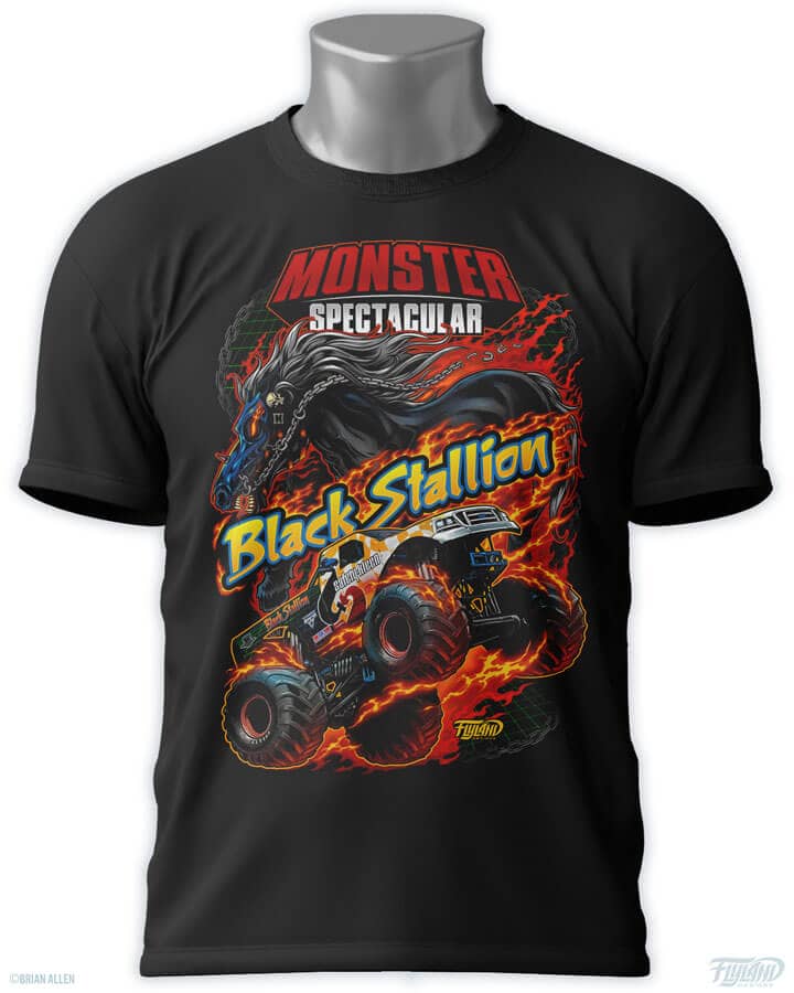 T-shirt design of a flaming monster truck in front of a flaming black stallion for Monster Spectacular, drawn by artist Brian Allan