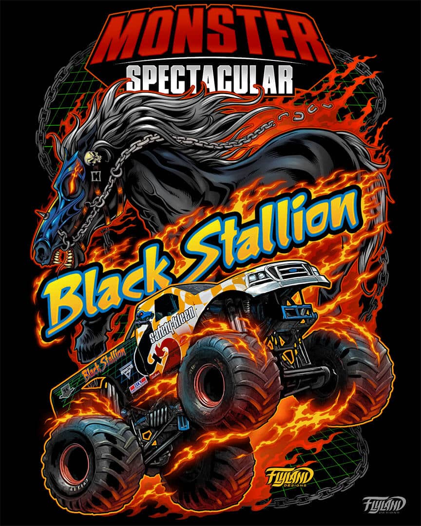 T-shirt design of a flaming monster truck in front of a flaming black stallion for Monster Spectacular, drawn by artist Brian Allan