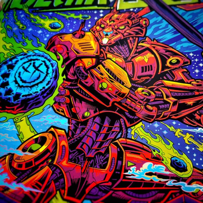 This gig poster is of a giant robot bunny saving Fenway Park from getting hit by an astroid. This gig poster is full of bright colors and the astroic has Blink 182's famous smilie face with X's for eyes on it.