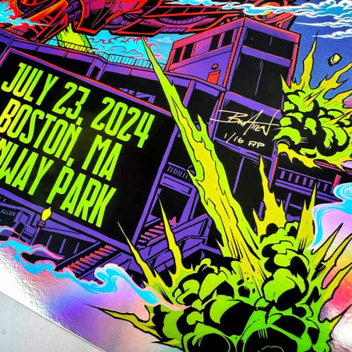 This gig poster is of a giant robot bunny saving Fenway Park from getting hit by an astroid. This gig poster is full of bright colors and the astroic has Blink 182's famous smilie face with X's for eyes on it.