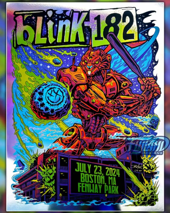 This gig poster is of a giant robot bunny saving Fenway Park from getting hit by an astroid. This gig poster is full of bright colors and the astroic has Blink 182's famous smilie face with X's for eyes on it.