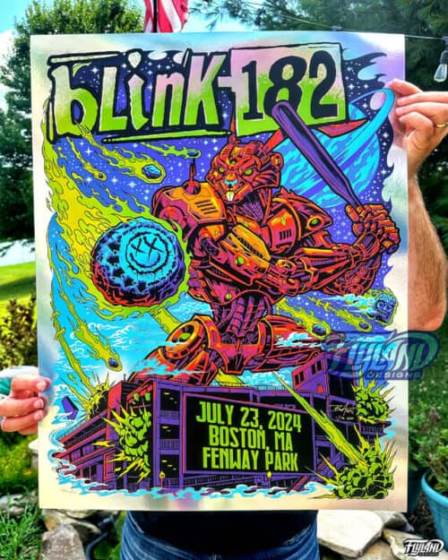 This gig poster is of a giant robot bunny saving Fenway Park from getting hit by an astroid. This gig poster is full of bright colors and the astroic has Blink 182's famous smilie face with X's for eyes on it.