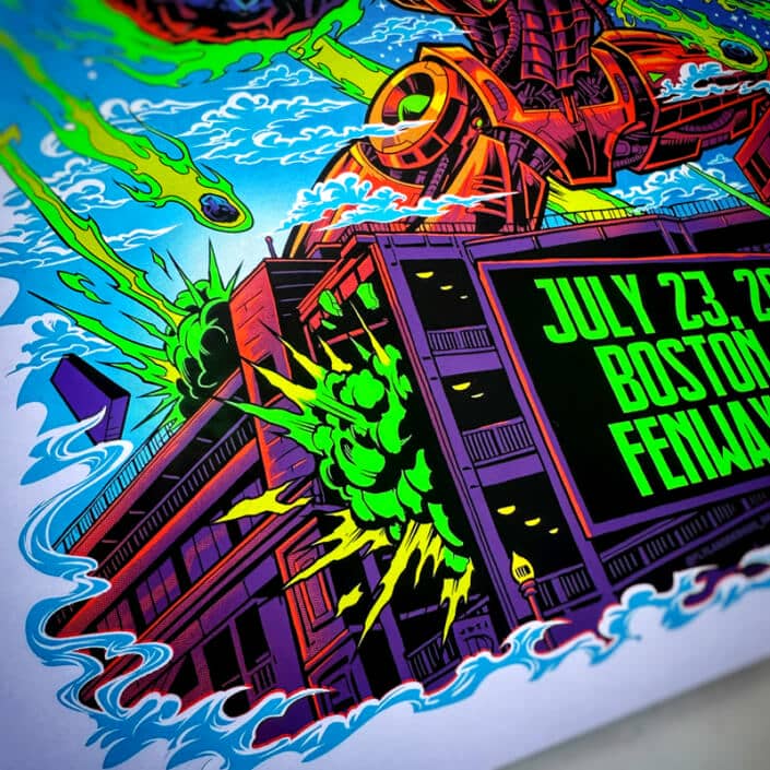 This gig poster is of a giant robot bunny saving Fenway Park from getting hit by an astroid. This gig poster is full of bright colors and the astroic has Blink 182's famous smilie face with X's for eyes on it.