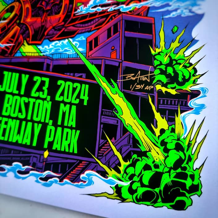 This gig poster is of a giant robot bunny saving Fenway Park from getting hit by an astroid. This gig poster is full of bright colors and the astroic has Blink 182's famous smilie face with X's for eyes on it.