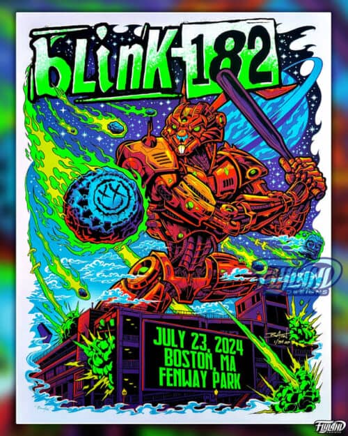 This gig poster is of a giant robot bunny saving Fenway Park from getting hit by an astroid. This gig poster is full of bright colors and the astroic has Blink 182's famous smilie face with X's for eyes on it.