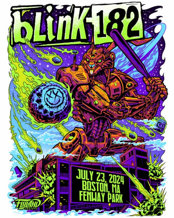 This gig poster is of a giant robot bunny saving Fenway Park from getting hit by an astroid. This gig poster is full of bright colors and the astroic has Blink 182's famous smilie face with X's for eyes on it.