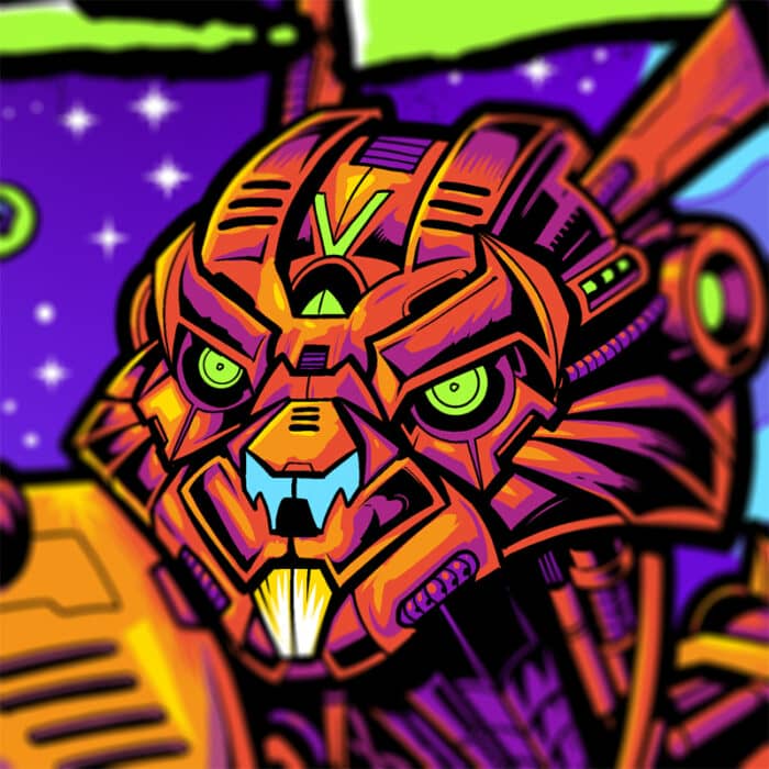 This gig poster is of a giant robot bunny saving Fenway Park from getting hit by an astroid. This gig poster is full of bright colors and the astroic has Blink 182's famous smilie face with X's for eyes on it.