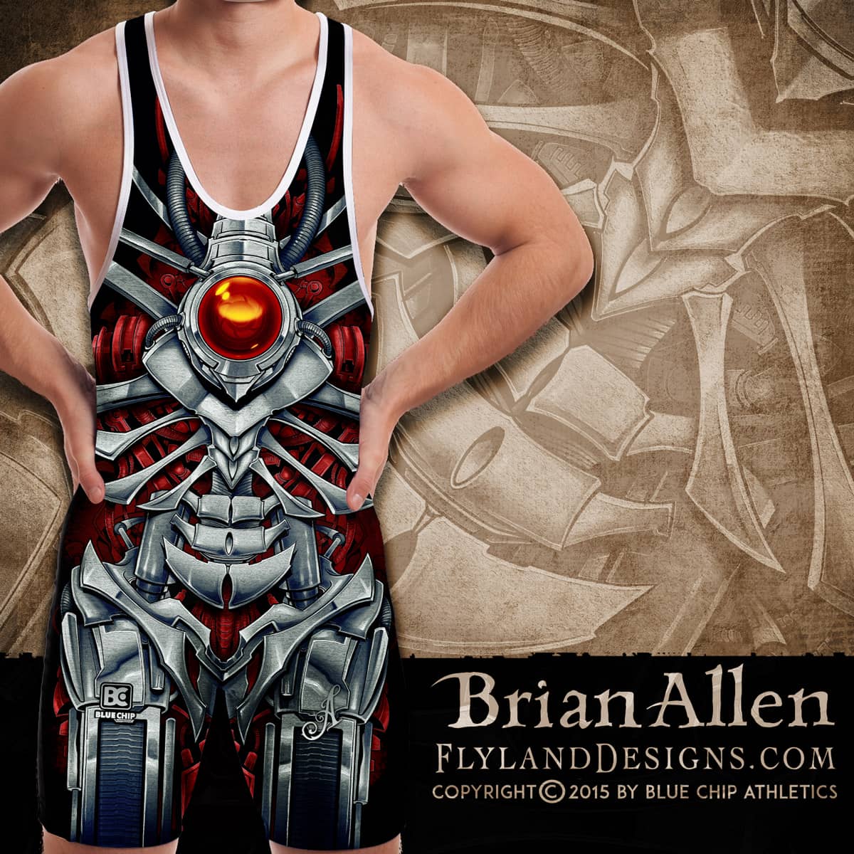 Mechanized metal skeleton illustration for dye-sublimated wrestling singlets.