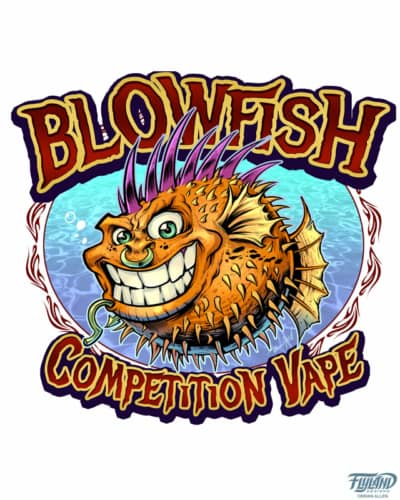 Logo design I illustrated of a punk rock blowfish for a vaping brand called Blowfish Competition Vape.