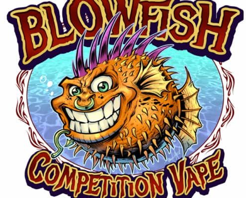 Logo design I illustrated of a punk rock blowfish for a vaping brand called Blowfish Competition Vape.