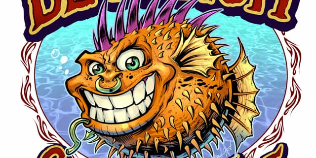 Logo design I illustrated of a punk rock blowfish for a vaping brand called Blowfish Competition Vape.