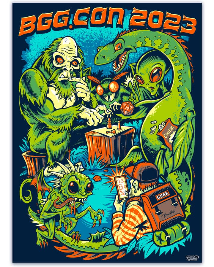 Poster illustration of Bigfoot, Nessie, Mothman, the Jersey Devil, and other mythical creatures getting caught playing board games in the middle of the woods for BBG.con, drawn by artist Brian Allen