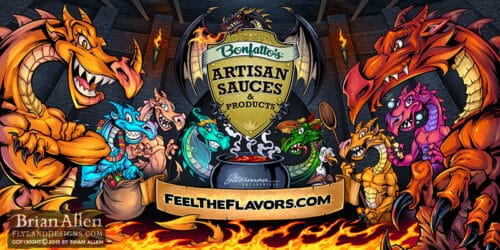 Banner design for hot sauce featuring dragons in a dungeon 