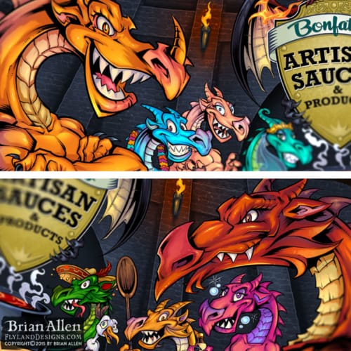 Banner design for hot sauce featuring dragons in a dungeon 