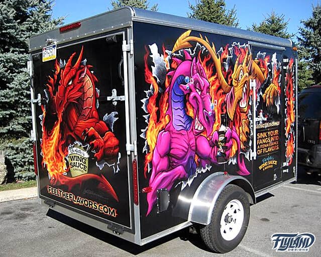 Colorful illustration of dragons holding hot sauce for a vinyl graphic trailer wrap for Bonfattos restaurant.