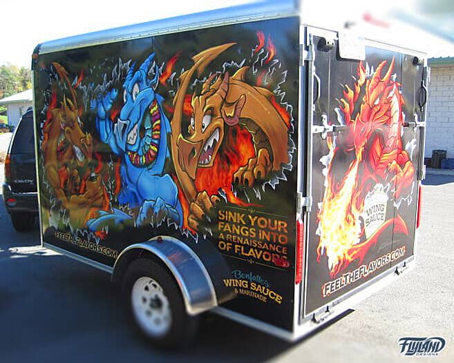 Colorful illustration of dragons holding hot sauce for a vinyl graphic trailer wrap for Bonfattos restaurant.