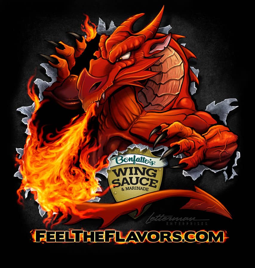 Colorful illustration of dragons holding hot sauce for a vinyl graphic trailer wrap for Bonfattos restaurant.