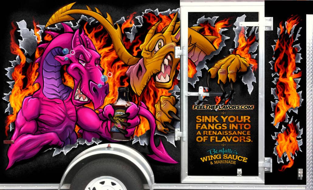 Colorful illustration of dragons holding hot sauce for a vinyl graphic trailer wrap for Bonfattos restaurant.